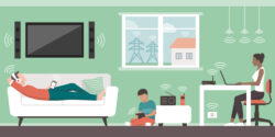 Illustration of family relaxing in home environment with digital devices