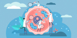 Illustration of people in lab-coats researching a cell