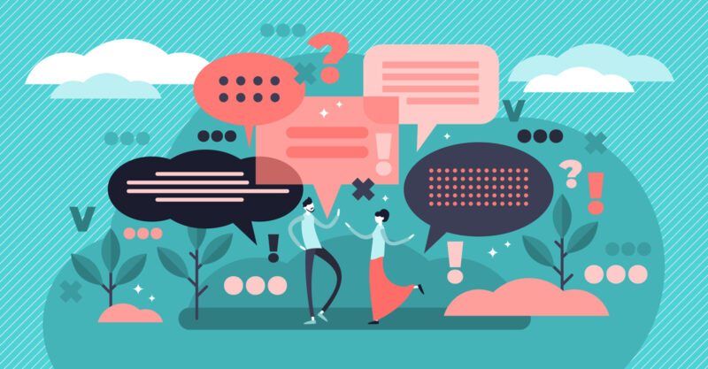 Illustration of two people dancing amid a world of digital media