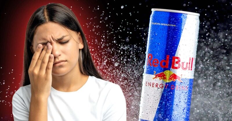 red bull can and teenage girl holding eye tired