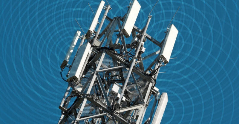 Cell tower with graphic of surrounding radiation