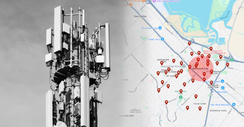 Cell tower and map of Red Wood City, CA.