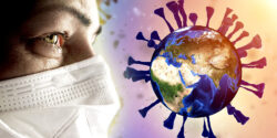 woman in face mask and globe inside a covid spike protein