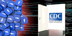facebook icon, door with cdc logo inside and html code in background