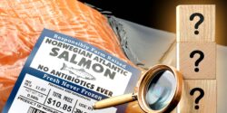 factory farmed salmon and question mark