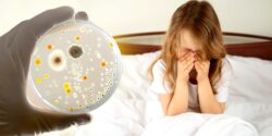 girl sneezing and petri dish of bacteria