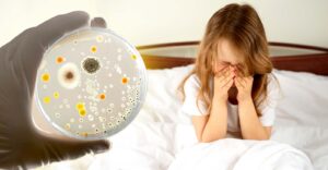 girl sneezing and petri dish of bacteria