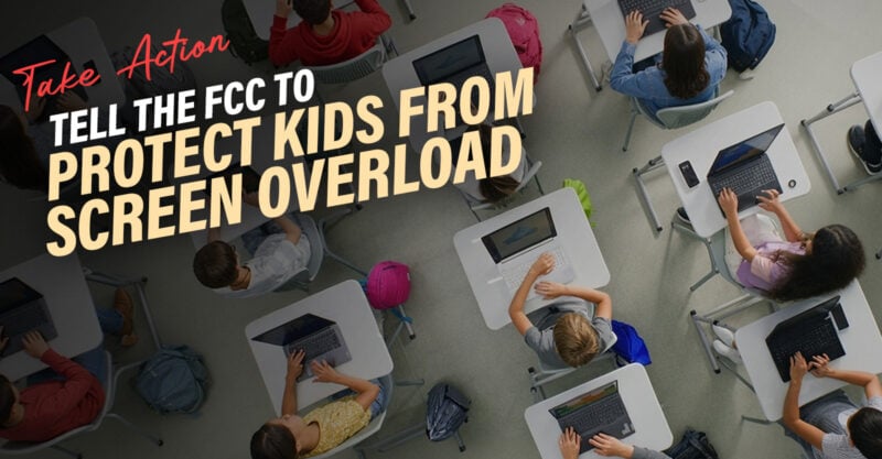 Tell the FCC: Protect Kids From Excessive Screen Time in Schools - Photo of kids sitting in classroom with laptop computers
