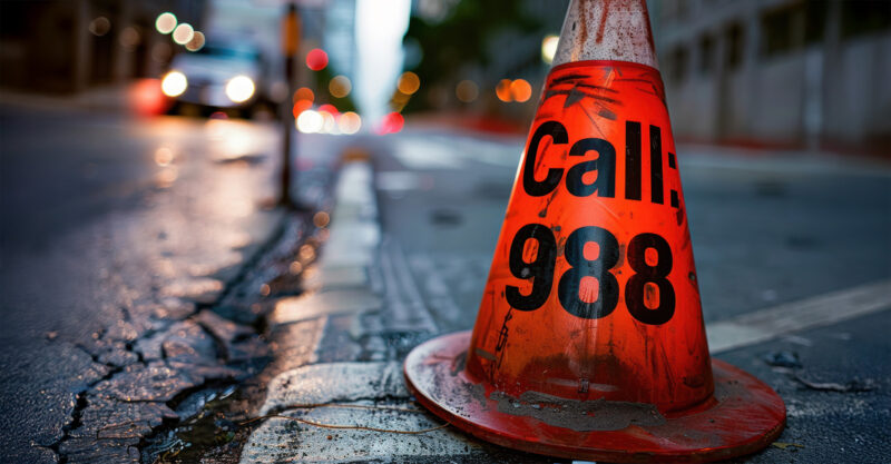 Call 988: Emergency Help Available Sign on a Traffic Cone in Urban Setting