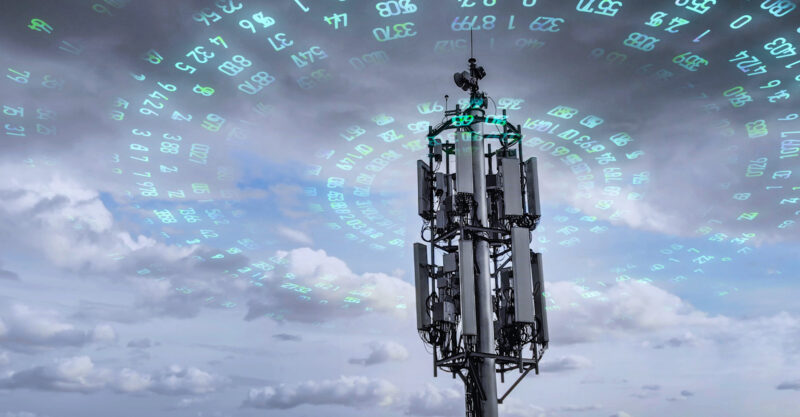 Telecommunication tower transmitting digits signals of cellular mobile 5g 4g 3g. Simulated radio waves.