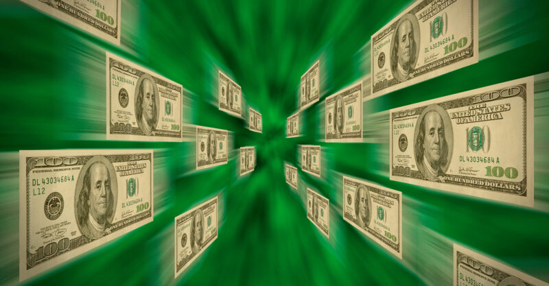 $100 bills flying through a green vortex representing the internet.