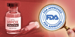 mpox vaccine bottle and magnifying glass with "fda approved" inside