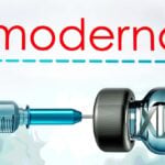 moderna logo and vaccine bottle with dna strand inside