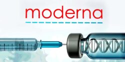 moderna logo and vaccine bottle with dna strand inside