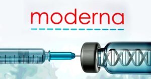 moderna logo and vaccine bottle with dna strand inside