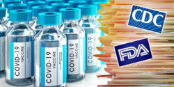 covid vaccine bottles and files with cdc and fda logos