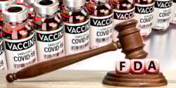 covid vaccines and gavel with "fda" on gavel