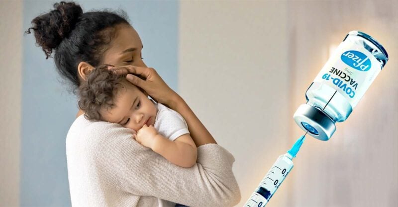 pfizer vaccine on right and a woman holding her son on left