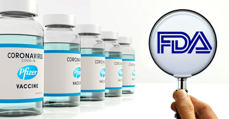 pfizer covid vaccine and fda logo inside magnifying glass
