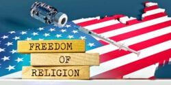 united states and vaccine bottle with words "freedom of religion"