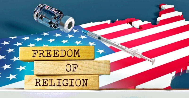 united states and vaccine bottle with words "freedom of religion"