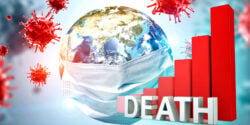 globe with face mask and covid spike proteins and word "death"