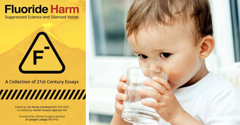 book cover for "Fluoride Harm" and baby drinking water