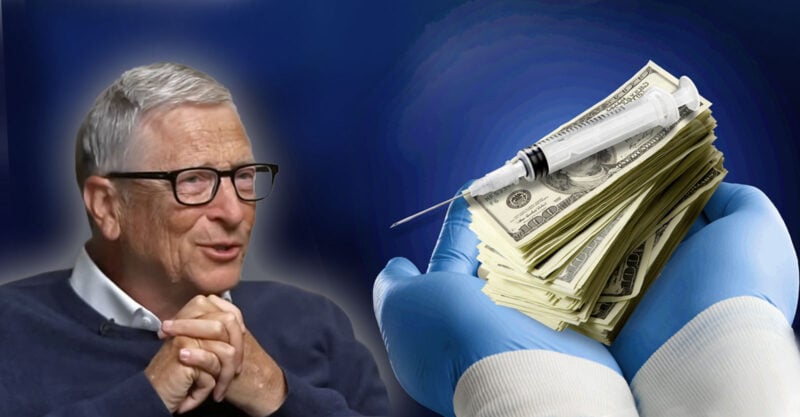 bill gates on right and money and syringe in hands on left