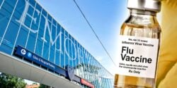 Emory Healthcare building and flu vaccine bottle