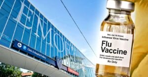 Emory Healthcare building and flu vaccine bottle