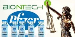 BioNTech Pfizer COVID-19 vaccine bottles and Lady Justice