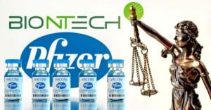 BioNTech Pfizer COVID-19 vaccine bottles and Lady Justice