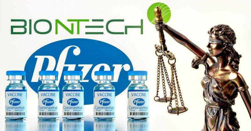BioNTech Pfizer COVID-19 vaccine bottles and Lady Justice