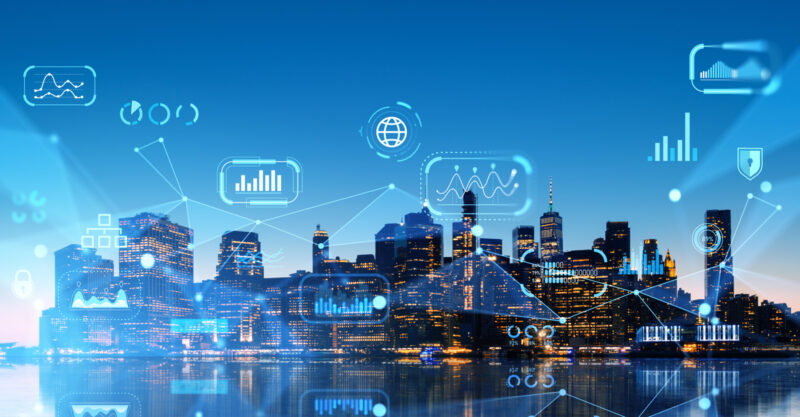 Night city panorama with wireless network hologram.