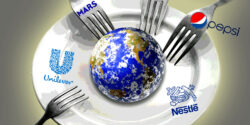 dinner plate with forks and globe, logos of mars, pepsi, unilever and nestle around plate