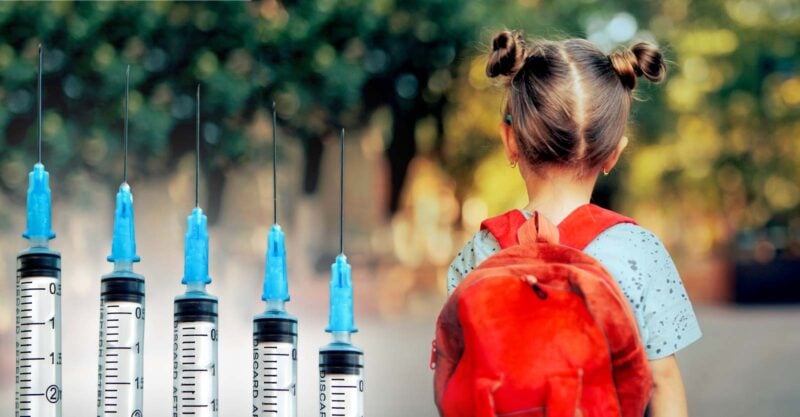 vaccines and girl wearing school backpack