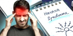 man holding head and words "havana syndrome"