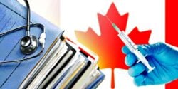 canada flag, vaccine syringe and medical files