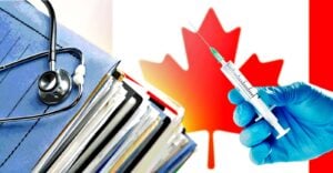canada flag, vaccine syringe and medical files