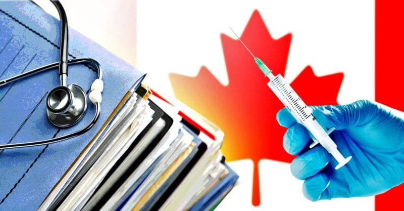 canada flag, vaccine syringe and medical files