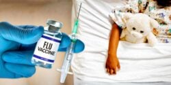 flu vaccine and child in hospital bed