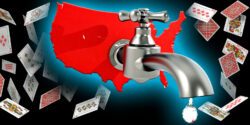 us map with water faucet and cards falling
