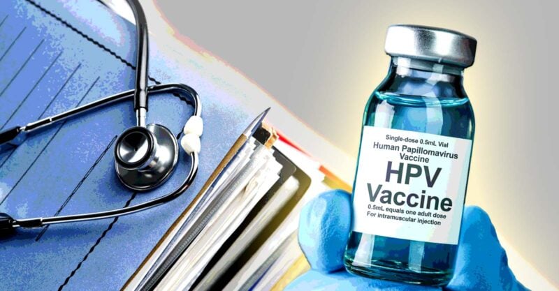 hpv vaccine and stack of files