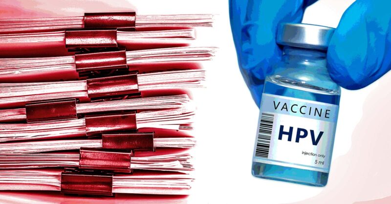 hpv vaccine and stack of papers