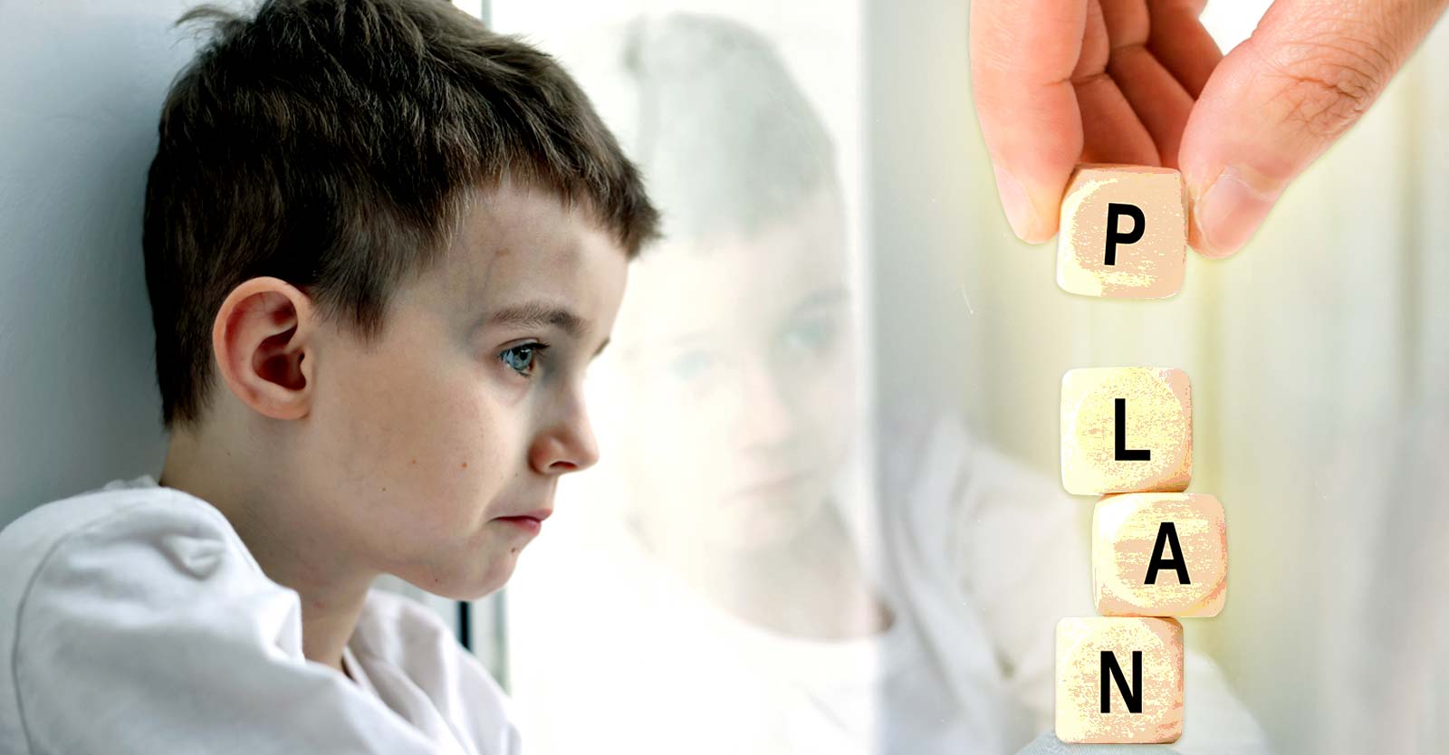 boy staring out window and word "plan"