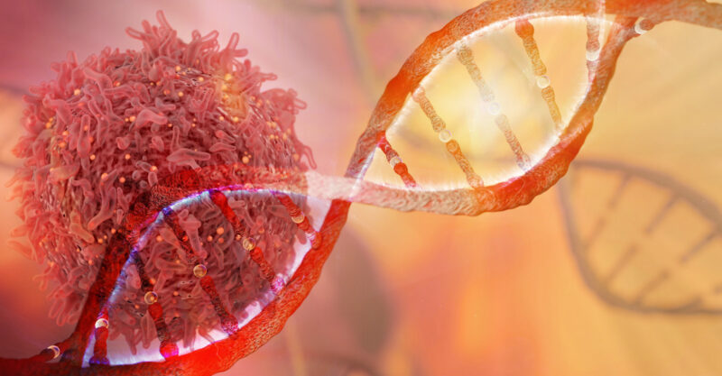 DNA strand and Cancer Cell Oncology Research Concept 3D rendering