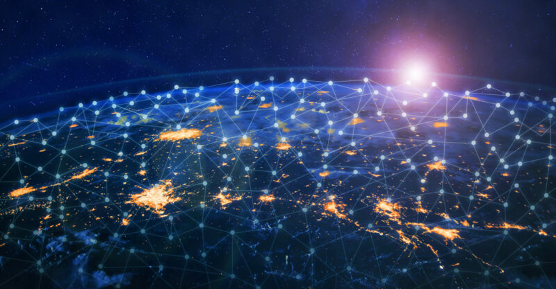 Planet Earth from space, communication technology worldwide.