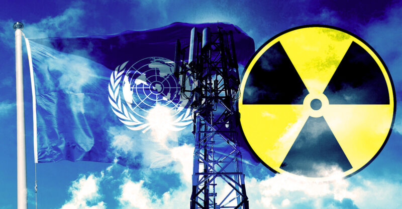 Graphic of WHO flag, cell tower and a radiation symbol.