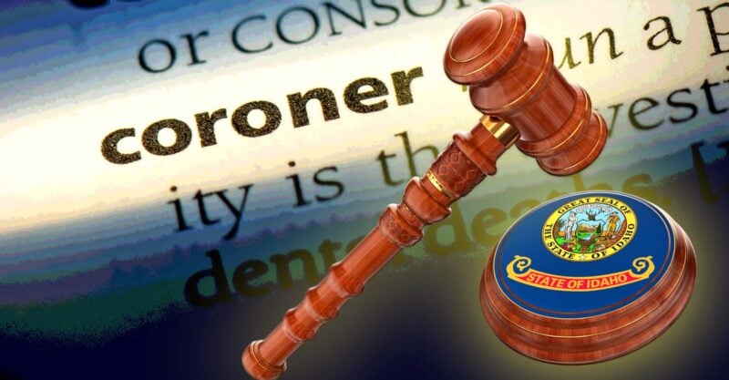 idaho flag on gavel and word "coroner"