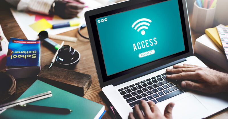Internet Wifi Connection Access Hotspot, Laptop screen with Wifi Logo.